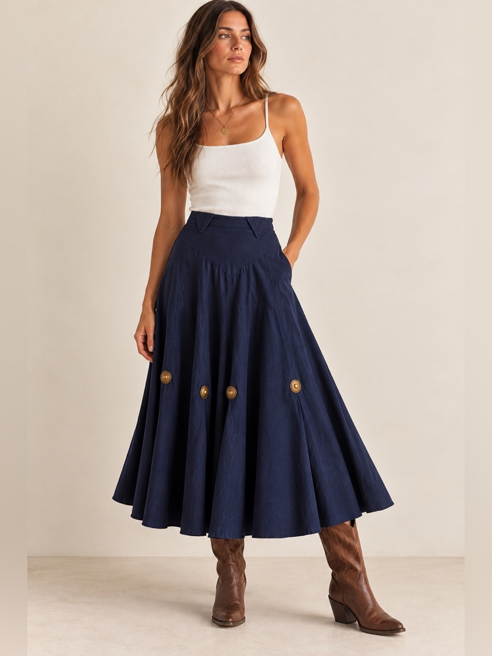 Vintage Circle T Western Concho Full Maxi Skirt Navy USA 7/8 - Picture 15 of 15